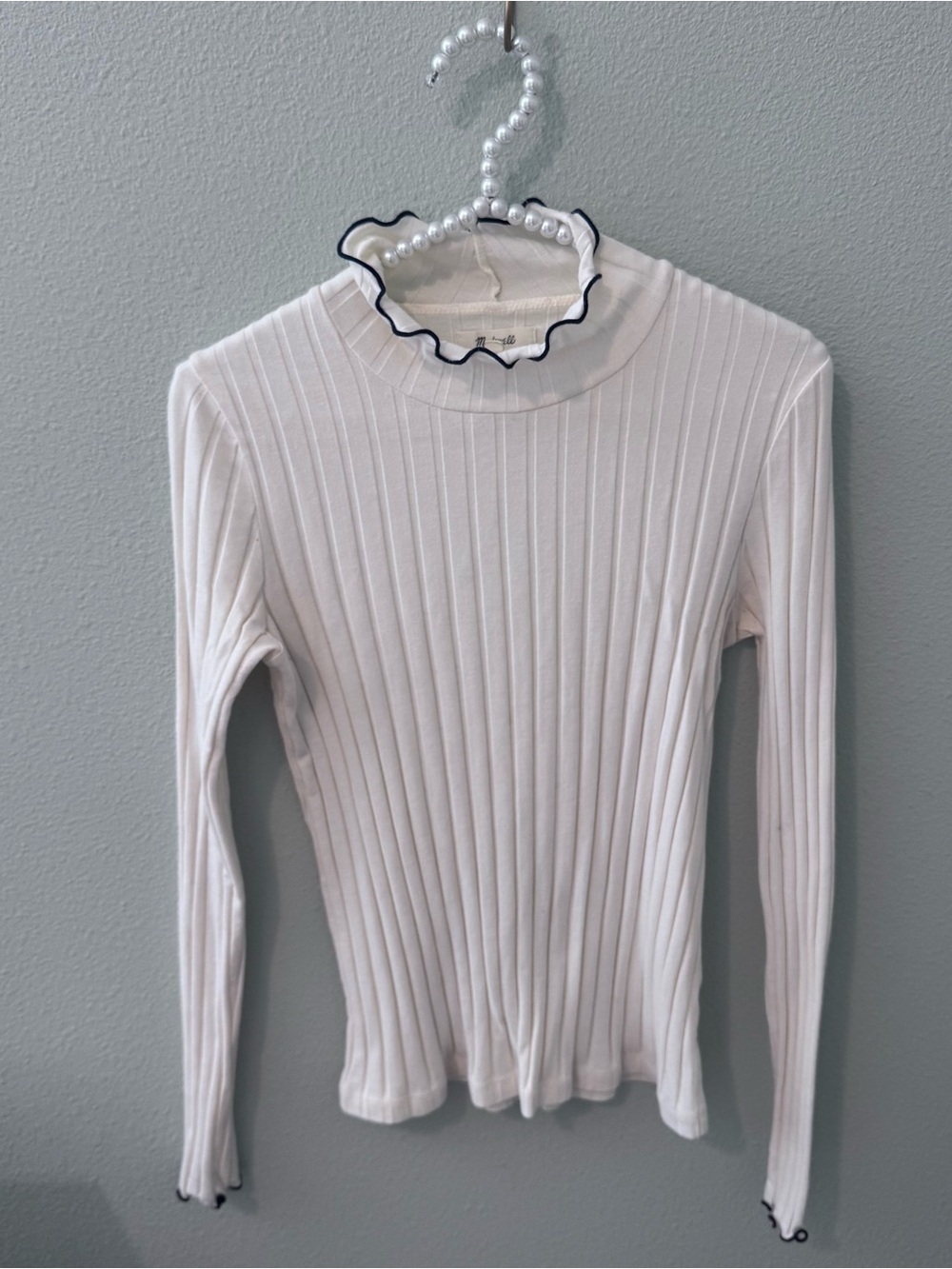 Madewell Cream Ribbed Mock-Neck Long Sleeve Top with Black-Trim Ruffle